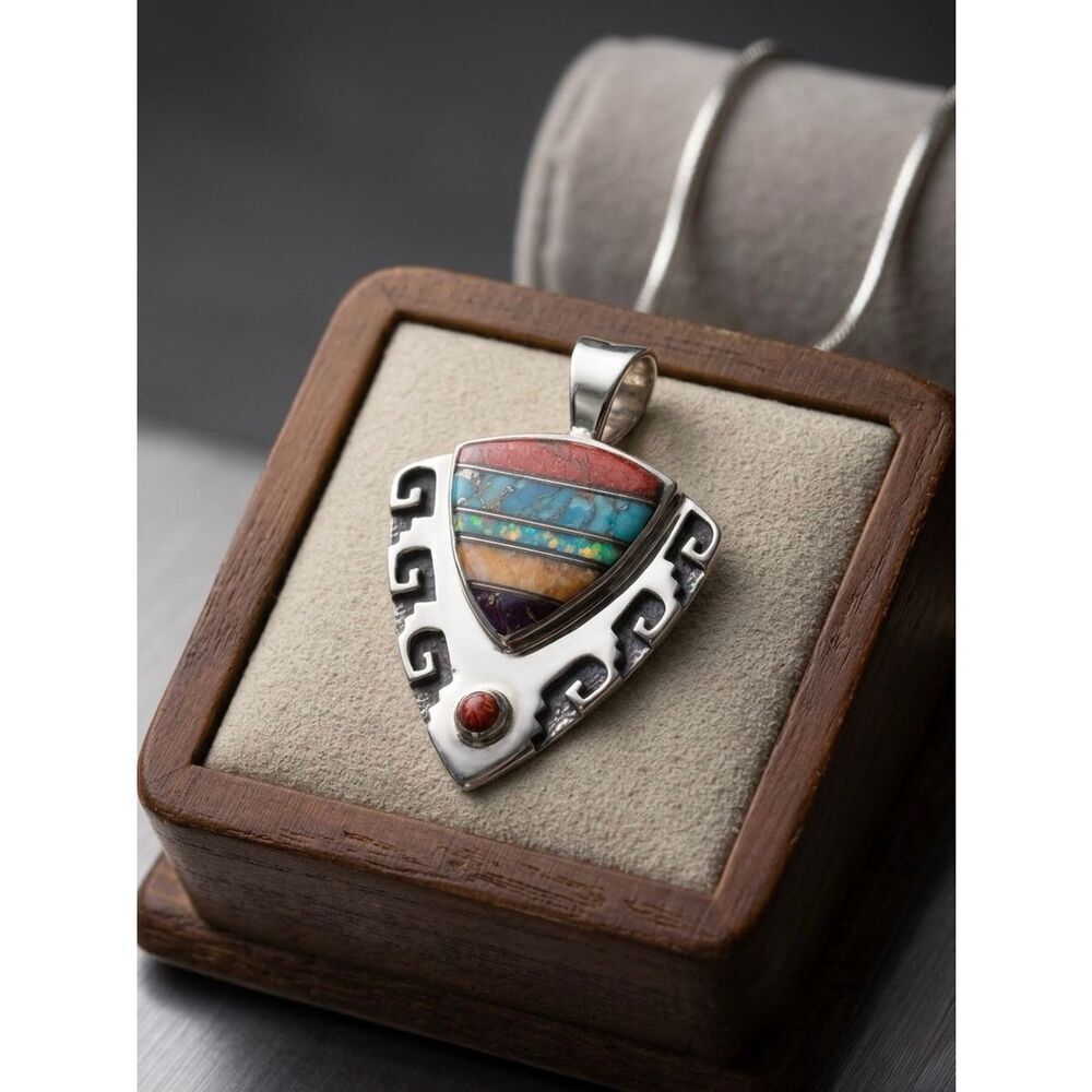 Southwestern Sterling Silver Inlay Shield Necklace Pendant Turquoise Coral Opal